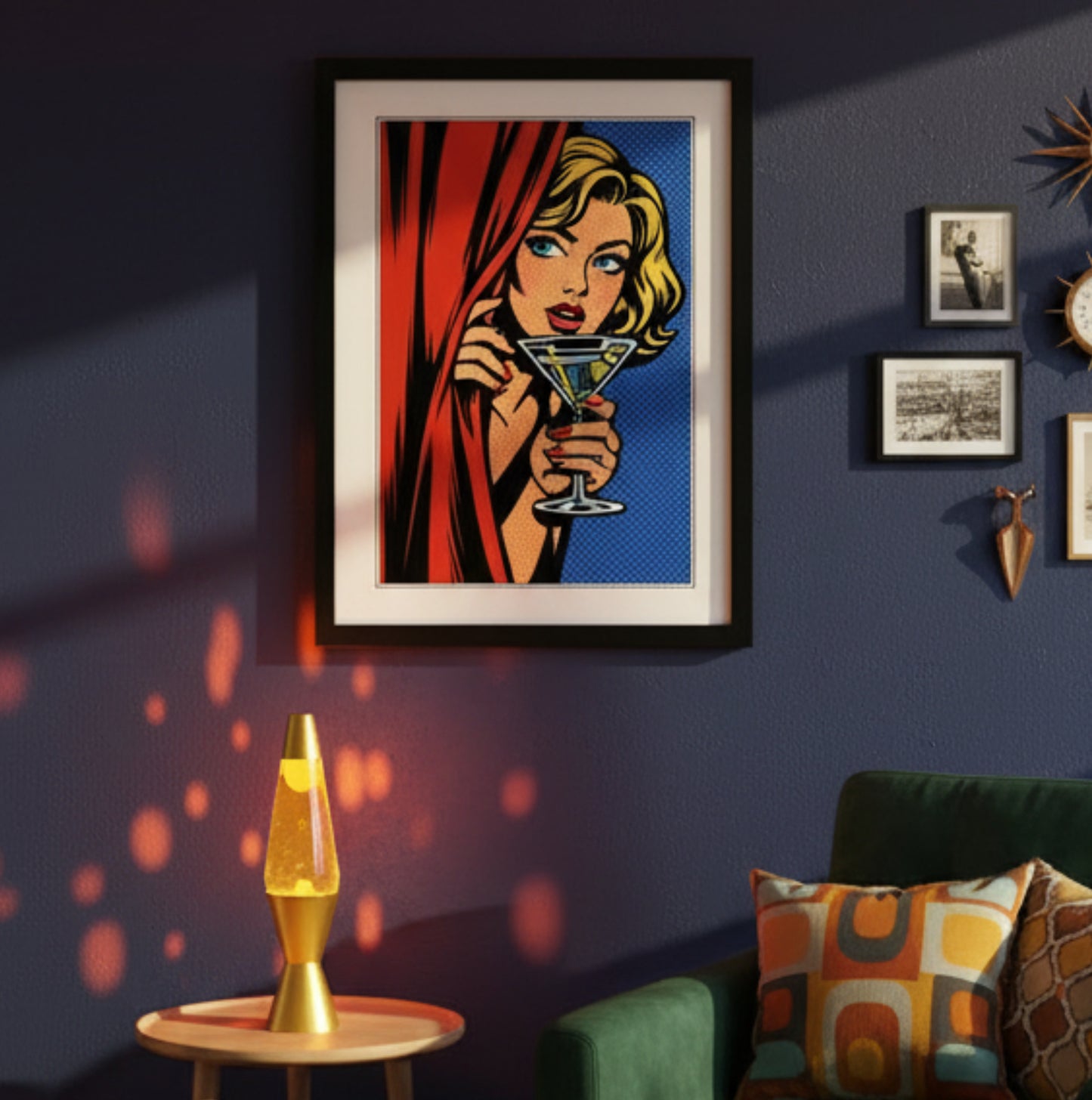 Framed pop-art style print featuring a blonde woman peeking from behind a red curtain and holding a martini glass with olives, set against a blue halftone background. The artwork is shown in a black frame with a white mat on a white background.