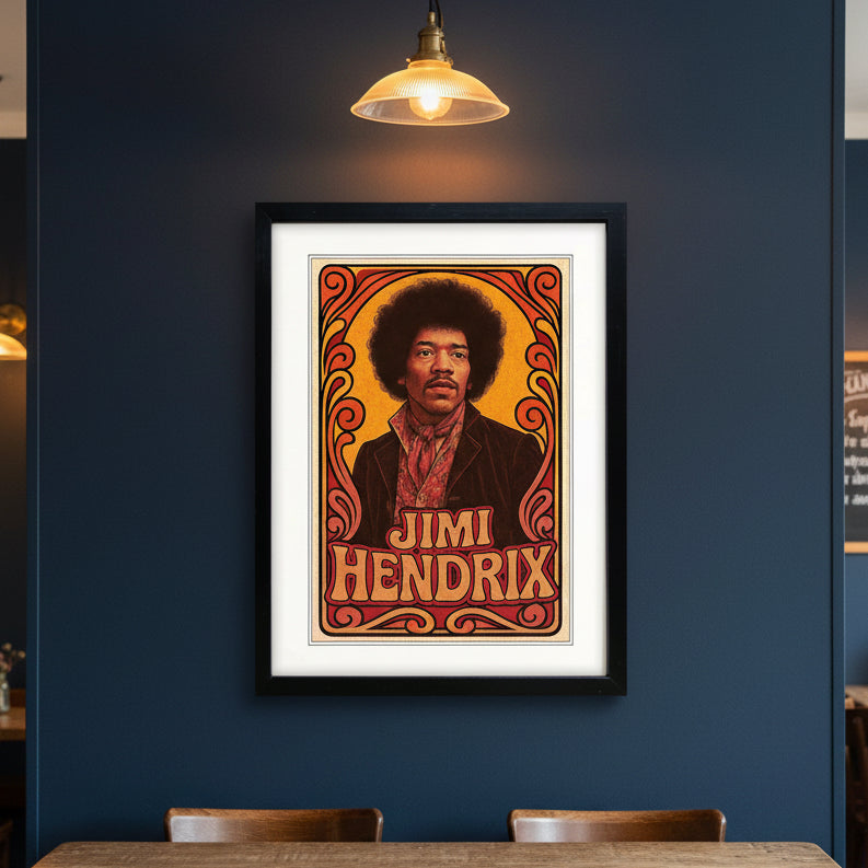 Framed poster print featuring Jimi Hendrix in a stylized retro illustration with the text 'JIMI HENDRIX' on a white background.