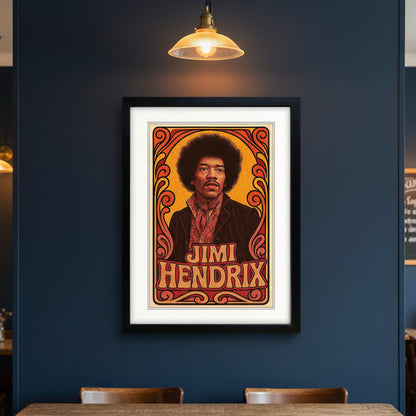 Framed poster print featuring Jimi Hendrix in a stylized retro illustration with the text 'JIMI HENDRIX' on a white background.