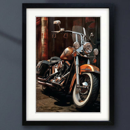 A framed art print of an orange and black cruiser motorcycle, displayed on a dark gray wall.
