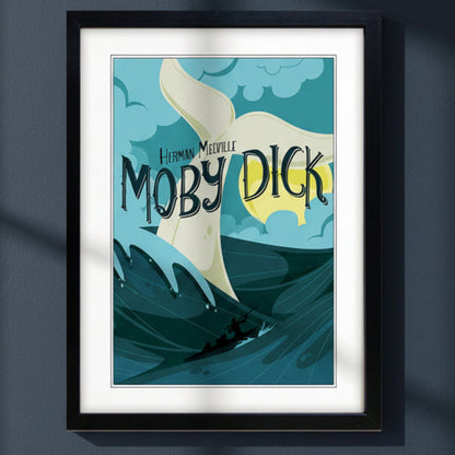 Framed art print of the classic film / book Moby Dick, featuring a stylized illustration of a whale, waves, and the title in bold lettering, presented in a black frame with a white mat.
