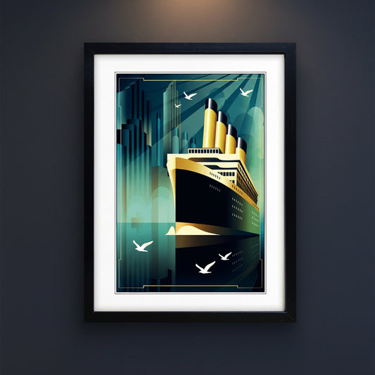Framed art print featuring a stylized Art Deco illustration of the Titanic, with teal and green cityscape elements, white seagulls, and a black frame.
