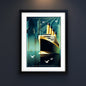 Framed art print featuring a stylized Art Deco illustration of the Titanic, with teal and green cityscape elements, white seagulls, and a black frame.