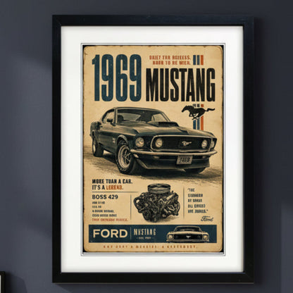 A framed vintage-style Ford Mustang poster print with a black frame and white mat, featuring a dark green 1969 Mustang car, engine illustration, and bold text on a tan background.