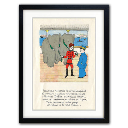 A framed art print featuring a vintage-style illustration of a man in a red plaid jacket and black boots standing next to two gray elephants in a blue-toned interior, with French text printed below. The print is mounted with a white mat inside a black frame.