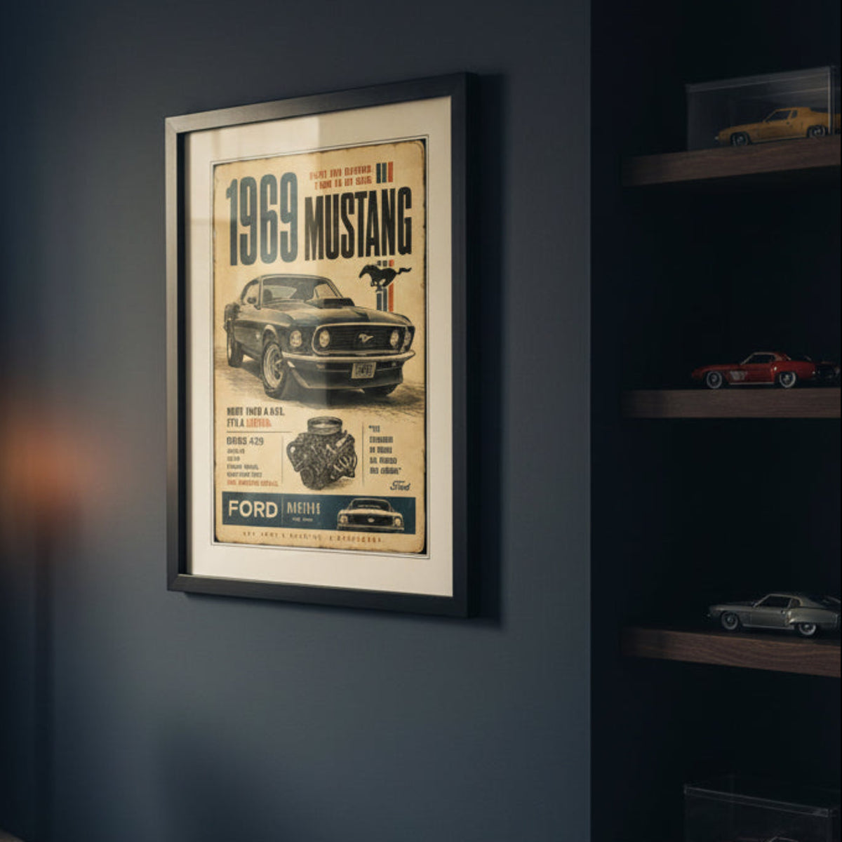 A framed vintage-style Ford Mustang poster print with a black frame and white mat, featuring a dark green 1969 Mustang 