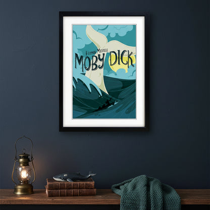 Framed art print of the classic film Moby Dick, featuring a stylized illustration of a whale, waves, and the title in bold lettering, presented in a black frame with a white mat.