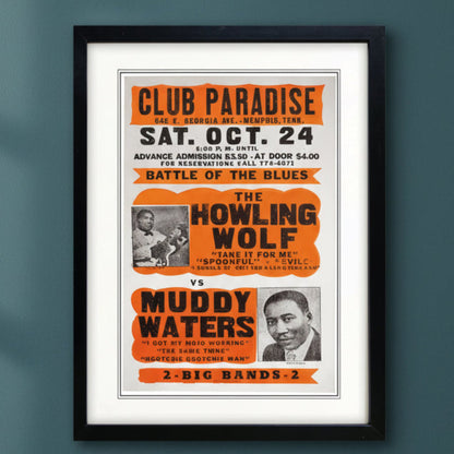 Howling wolf and muddy waters blues music poster print vintage gig promotion on a dark blue green wall 