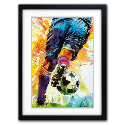 Framed watercolor art print depicting a soccer player's legs kicking a soccer ball, shown in a black frame with a white mat on a white background.