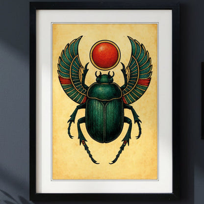 Framed wall art featuring a stylized Egyptian scarab beetle illustration with spread wings and a red sun disc above, set on a warm beige background inside a black frame with white matting.