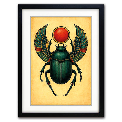 Framed wall art featuring a stylized Egyptian scarab beetle illustration with spread wings and a red sun disc above, set on a warm beige background inside a black frame with white matting.