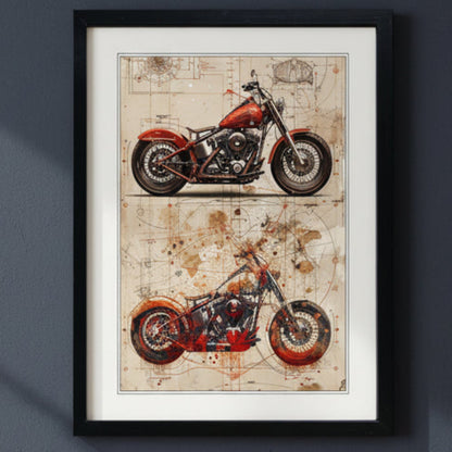 Framed wall art featuring two vintage-style motorcycle illustrations on a distressed beige background, enclosed in a black frame with a white mat.