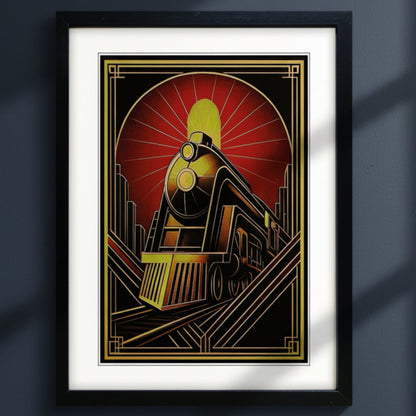 Framed art print featuring a stylized Art Deco illustration of an ornate train against a red sunburst background, with a black frame and white mat on a light gray backdrop.