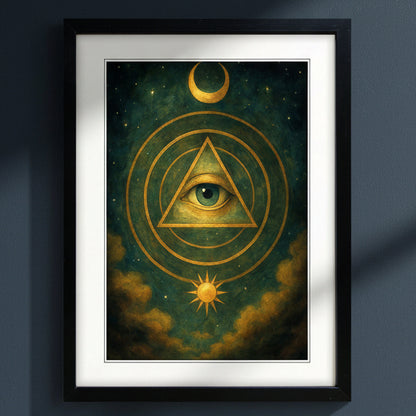 Framed wall art featuring a mystical all-seeing eye within a golden triangle, surrounded by concentric circles, a crescent moon, and a sun against a dark starry sky. The print is matted in white and housed in a black frame, shown on a clean white background.