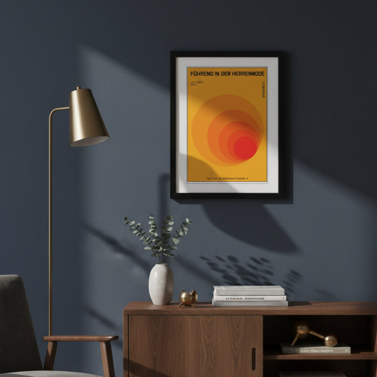 A framed poster print featuring a retro-style orange and red concentric circle design with German text, shown in a black frame against a white background.
