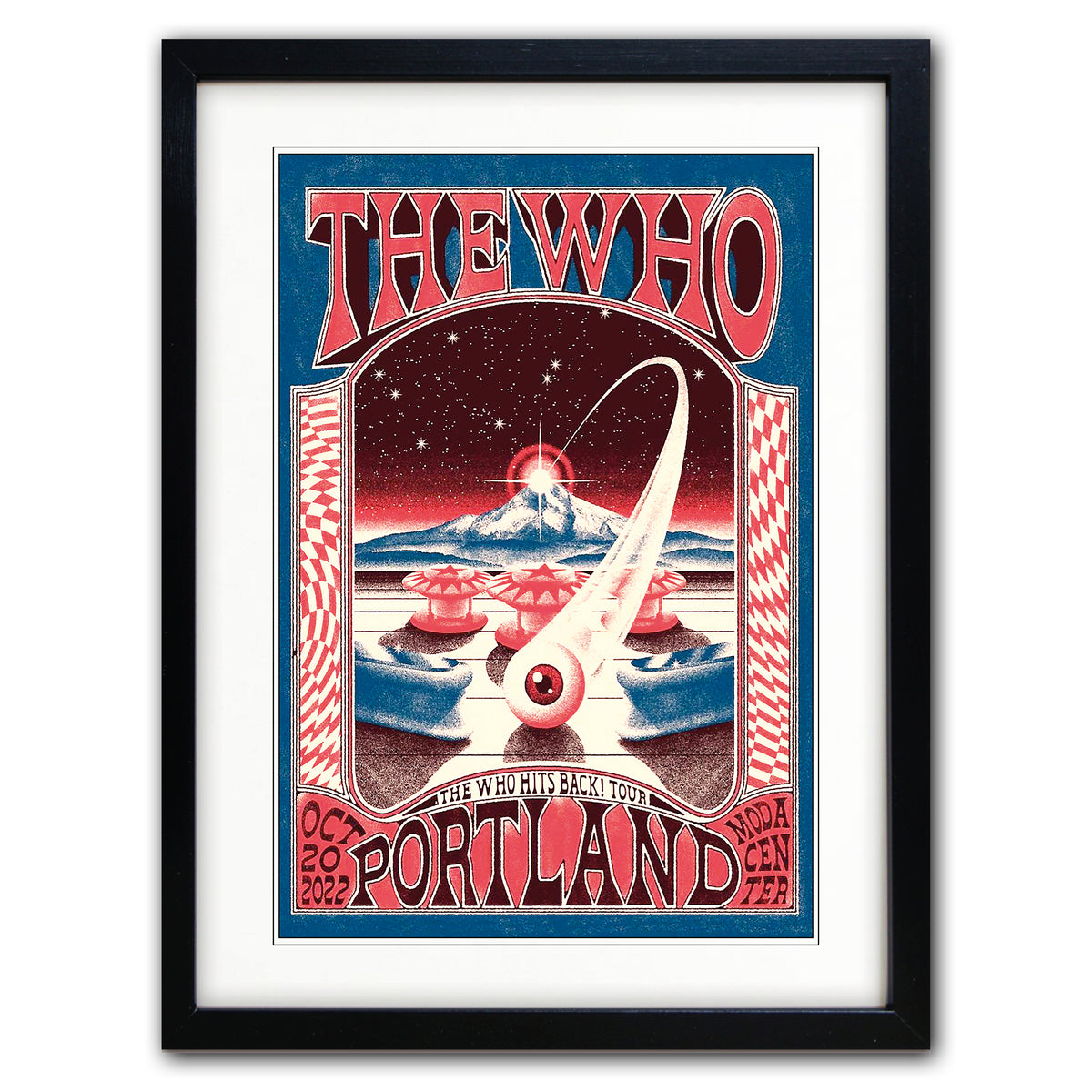 A framed vintage-style concert poster for The Who's 'Portland' show, featuring red, cream, and blue artwork with a black frame and white mat on a light background.