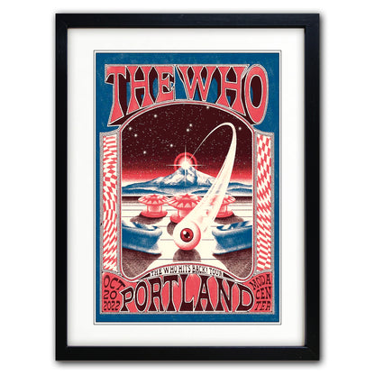 A framed vintage-style concert poster for The Who's 'Portland' show, featuring red, cream, and blue artwork with a black frame and white mat on a light background.