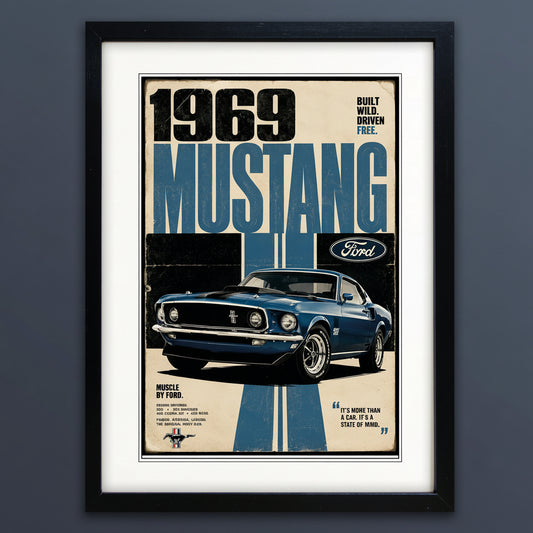 A framed vintage-style Ford Mustang poster print featuring a blue 1969 Mustang car with large '1969 MUSTANG' text and the Ford logo, shown against a dark blue background.