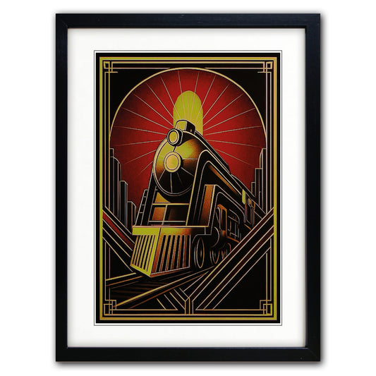 Framed art print featuring a stylized Art Deco illustration of an ornate train against a red sunburst background, with a black frame and white mat on a light gray backdrop.
