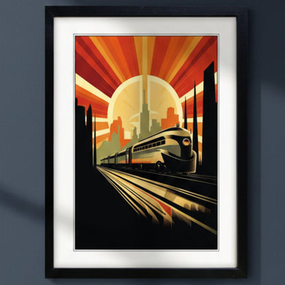 Framed art print featuring a retro-style illustration of a modern train traveling along tracks under a large sunburst sky with a city skyline silhouette.