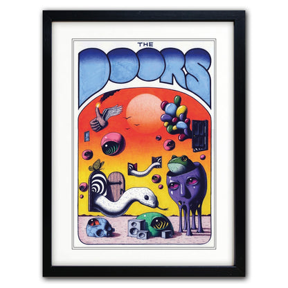 Framed 'The Doors' album art print featuring surreal illustrated figures, a bird, and colorful abstract elements, shown in a black frame with white mat on a light background.