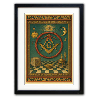 Framed art print featuring a mystical square and compass emblem with an eye, sun, crescent moon, and sacred geometry symbols on a teal background, presented in a black frame with white matting.