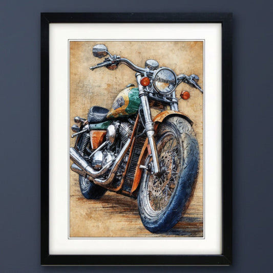 Framed wall art featuring a stylized painting of a cruiser motorcycle on a textured tan background, shown in a black frame with a white mat.