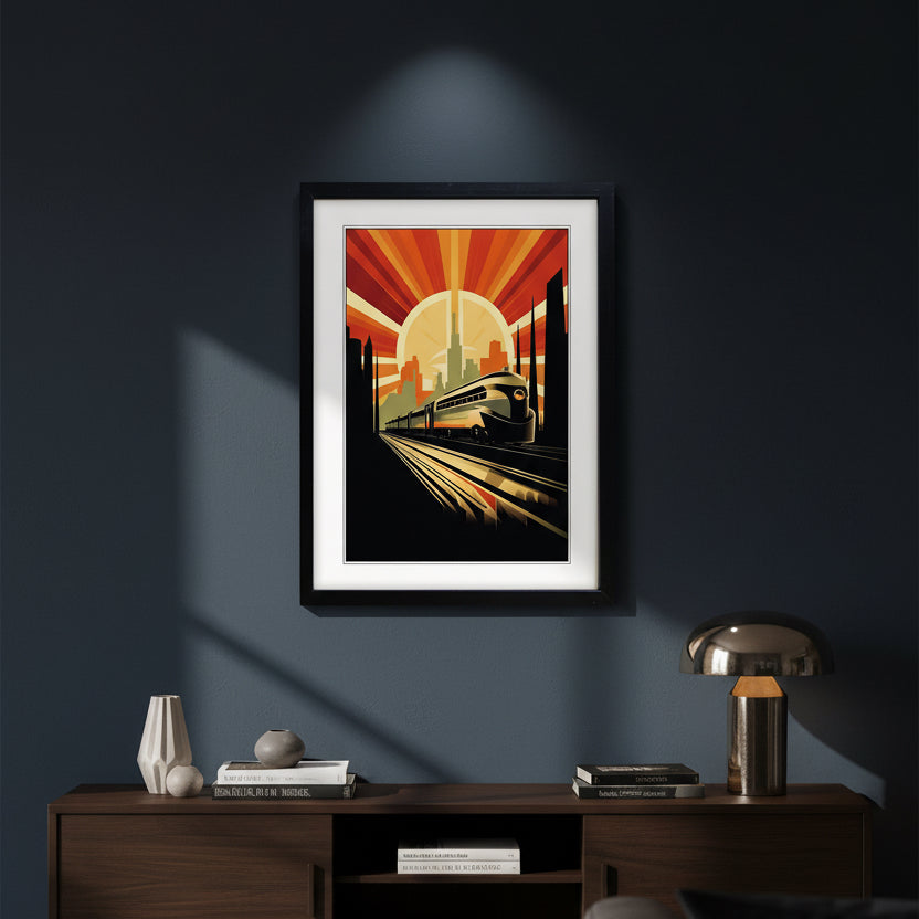 Framed art print featuring a retro-style illustration of a modern train traveling along tracks under a large sunburst sky with a city skyline silhouette.