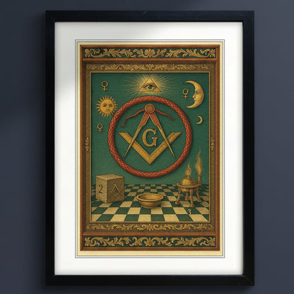 A framed art print featuring a detailed illustration of a golden Masonic square and compass with an eye of providence, a crescent moon, a sun, and a 13-piece cube on a green and gold background, set within a white mat and a black frame.