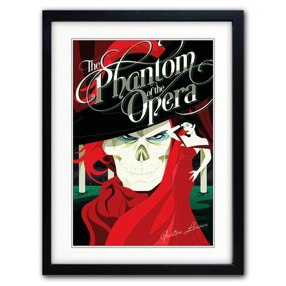 A framed art print of 'The Phantom of the Opera' featuring a stylized illustration of the Phantom skull in a black suit and red cape, with a woman in a red dress in the background, presented in a black frame with a white mat.