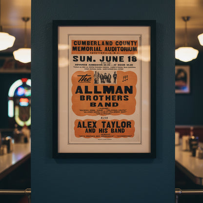A framed vintage concert poster for 'The Allman Brothers Band' at the Cumberland County Memorial Auditorium, featuring bold orange and black text on a white background with a black frame.