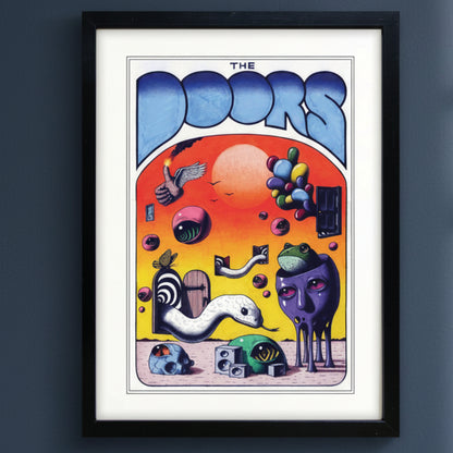 Framed 'The Doors' album art print featuring surreal illustrated figures, a bird, and colorful abstract elements, shown in a black frame with white mat on a light background.