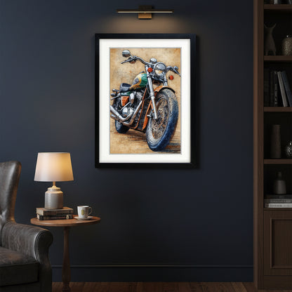 Framed wall art featuring a stylized painting of a cruiser motorcycle on a textured tan background, shown in a black frame with a white mat.