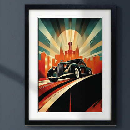 Framed art print featuring a stylized retro car on a road with a sunburst cityscape background, shown in a black frame against a white backdrop.