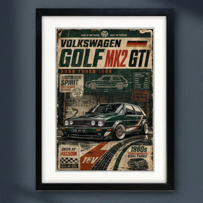 A framed vintage-style Volkswagen Golf Mk2 GTI poster print with a black frame and white mat, featuring a dark green car illustration and retro text on a light gray background.
