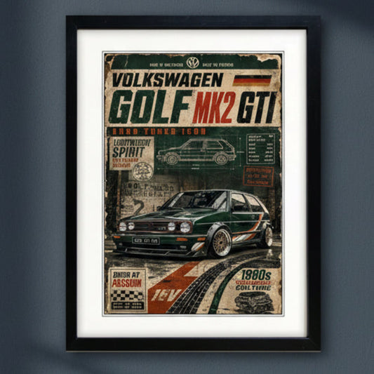 A framed vintage-style Volkswagen Golf Mk2 GTI poster print with a black frame and white mat, featuring a dark green car illustration and retro text on a light gray background.