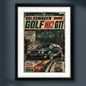 A framed vintage-style Volkswagen Golf Mk2 GTI poster print with a black frame and white mat, featuring a dark green car illustration and retro text on a light gray background.