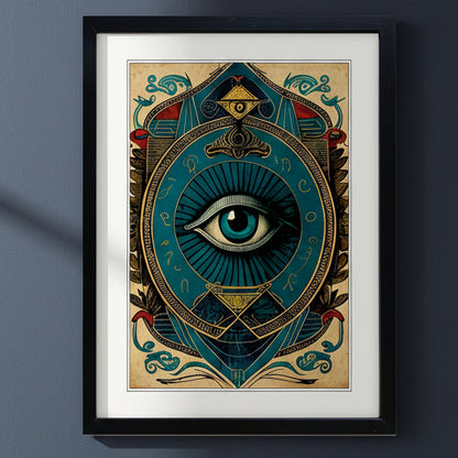 Framed art print featuring a stylized all-seeing eye illustration with ornate teal, gold, and beige decorative elements, shown in a black frame against a dark gray wall.