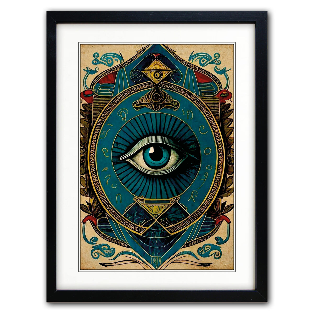 Framed art print featuring a stylized blue eye within ornate symmetrical geometric and decorative motifs on a beige background, shown in a black frame with white matting.