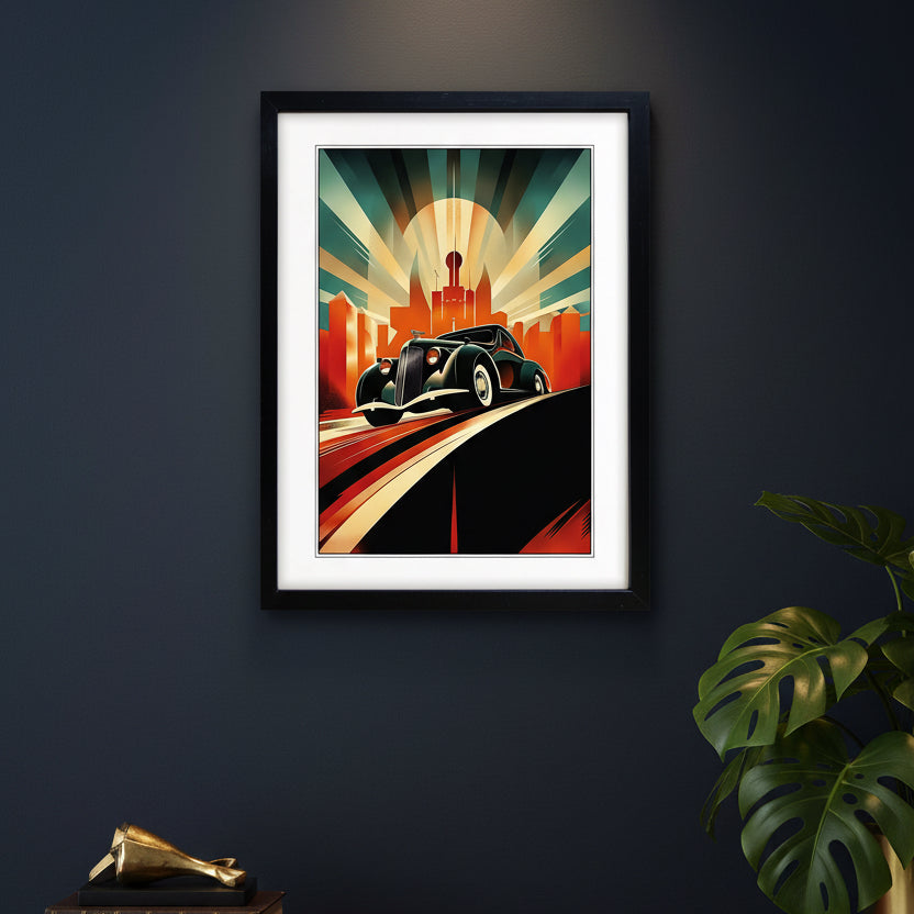 Framed art print featuring a stylized retro car on a curved road with a sunburst cityscape background, shown in a black frame with white mat on a light gray background.