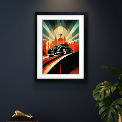 Framed art print featuring a stylized retro car on a curved road with a sunburst cityscape background, shown in a black frame with white mat on a light gray background.