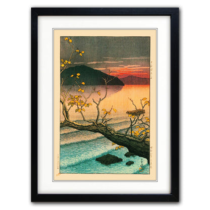 Framed Japanese style lake sunset and mountain art print.