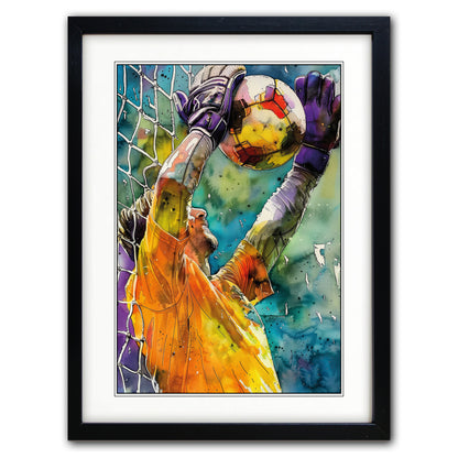 Framed watercolor art print of a soccer goalkeeper in an orange jersey reaching up to catch a yellow and red ball, set against a white mat and a black frame.