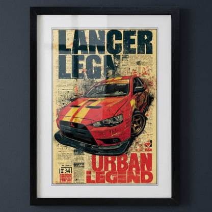 A framed art print featuring a stylized red race car with yellow stripes on a distressed beige background, with the text 'LANCER LEGEND' at the top and 'URBAN LEGEND' at the bottom. The print is displayed in a black frame with a white mat.