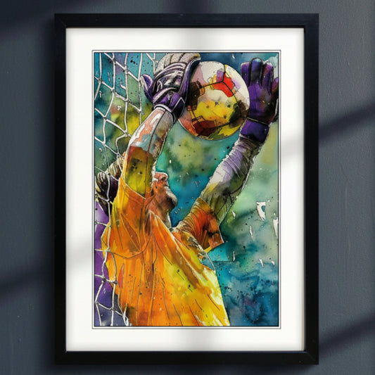 Framed watercolor art print of a soccer goalkeeper in an orange jersey reaching up to catch a yellow and red ball, set against a white mat and a black frame.