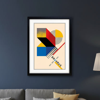 Bauhaus-style geometric art print, 1923 exhibition design, featuring red, cobalt blue, mustard yellow and black abstract shapes with bold typography, shown on a dark blue wall