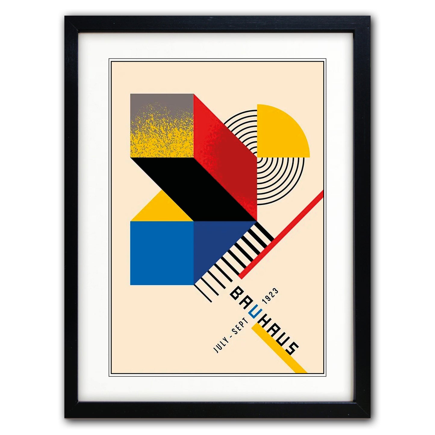 Bauhaus 1923 exhibition poster print in bold geometric shapes — red, blue, yellow and black — displayed against a brushed steel background