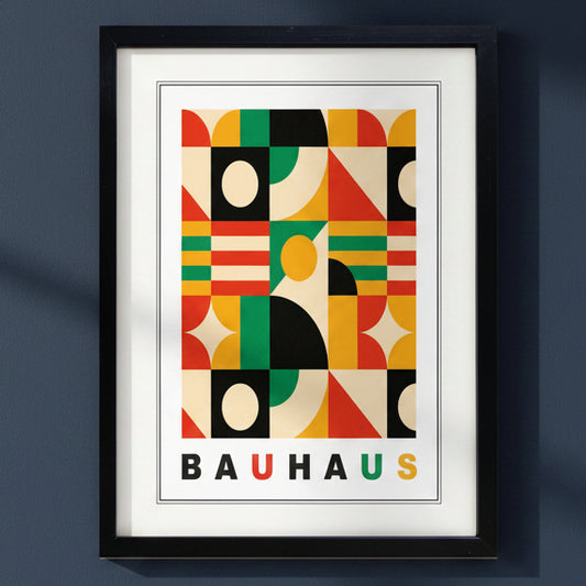 A framed Bauhaus art print featuring a colorful geometric pattern with the word 'BAUHAUS' at the bottom