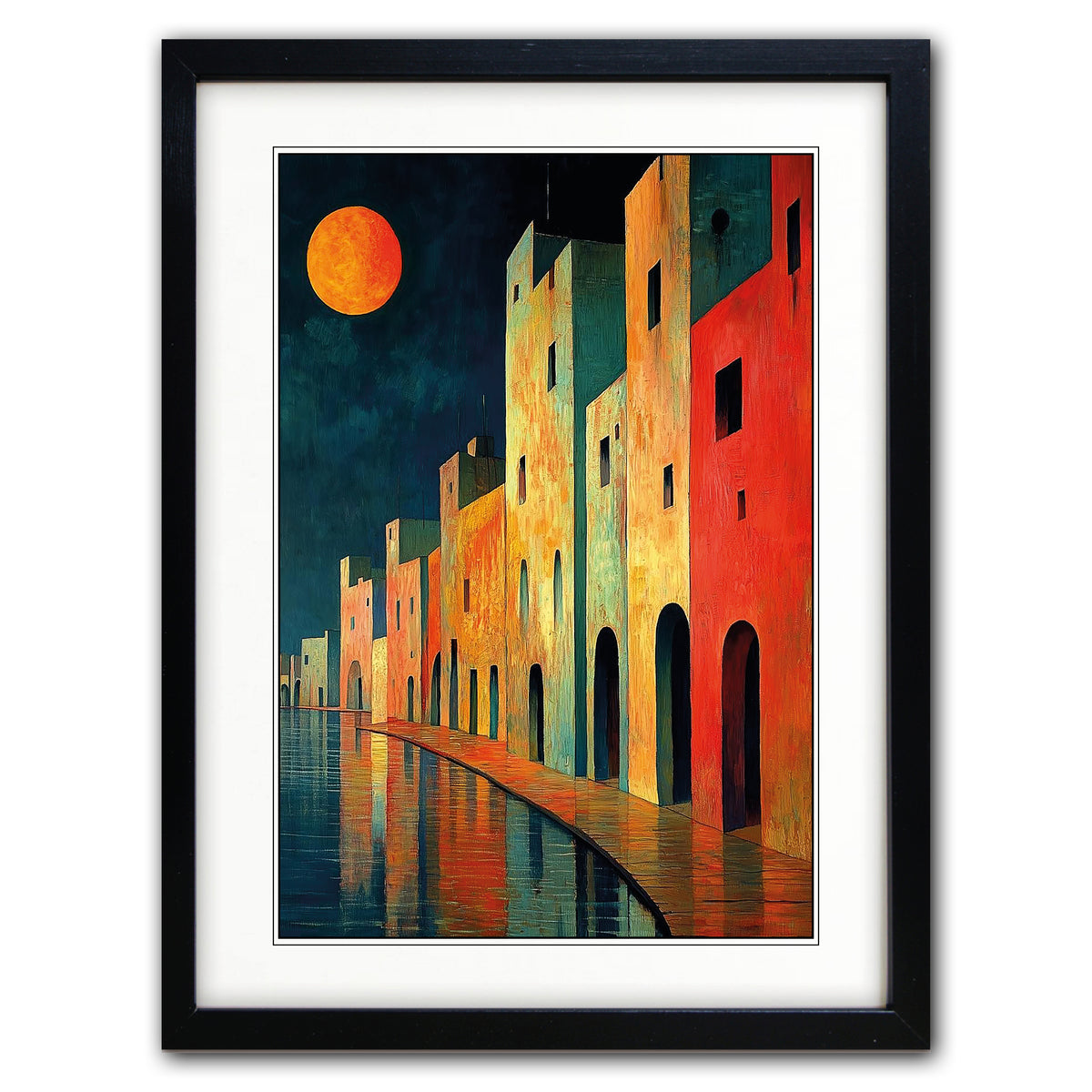 Framed art print featuring a colorful painting of Mediterranean-style buildings along a waterfront at night, with a large orange moon in the sky and reflections in the water, shown in a black frame with a white mat.