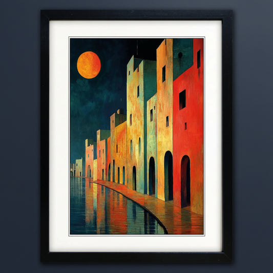 Framed art print featuring a colorful painting of Mediterranean-style buildings along a waterfront at night, with a large orange moon in the sky and reflections in the water, shown in a black frame with a white mat.